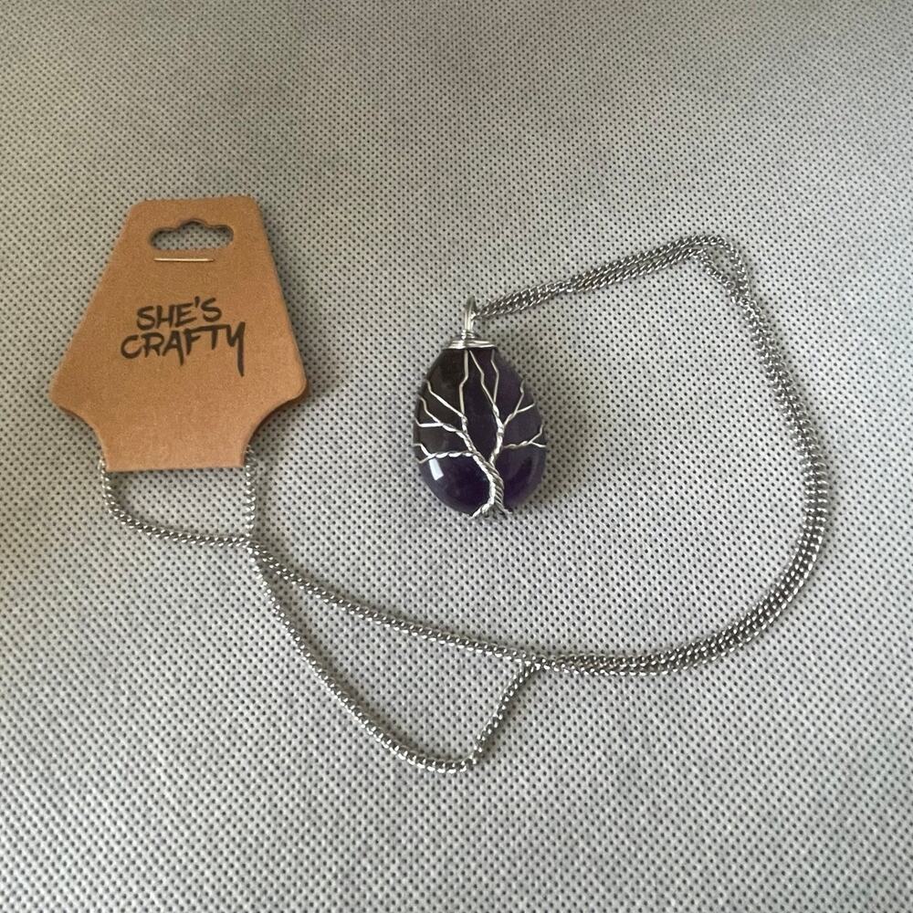 Tree Of Life Necklace Teardrop Amethyst & Stainless Steel